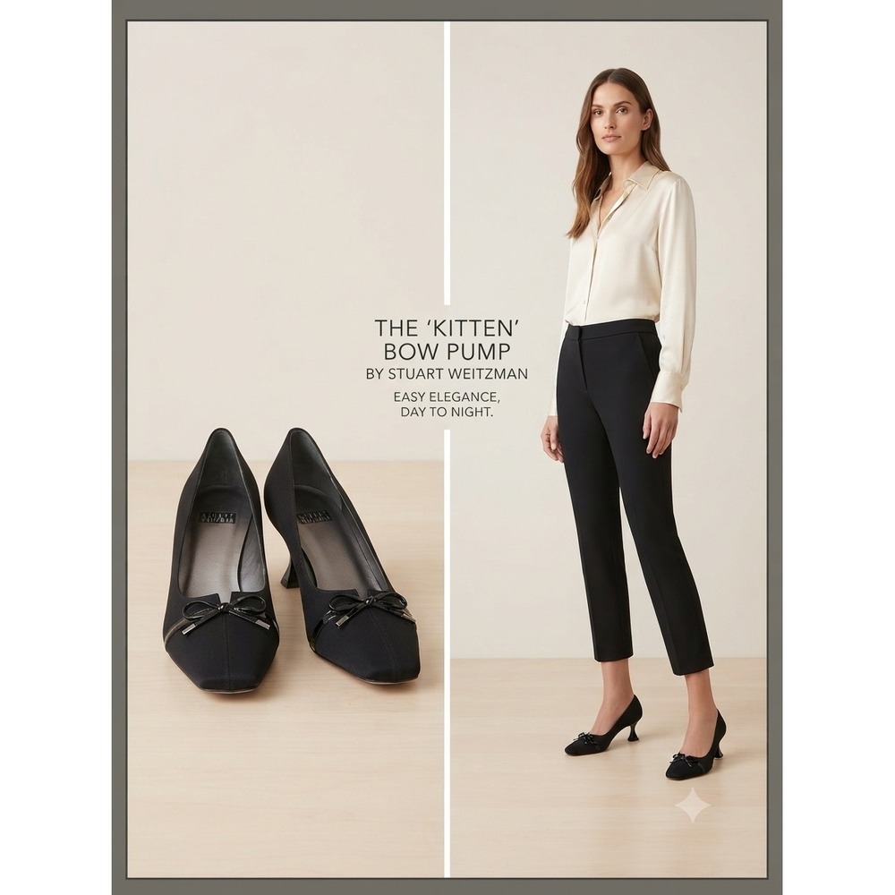 Stuart Weitzman‎ Pump Women 8.5 Black Kitten Bow Square Toe Professional Evening